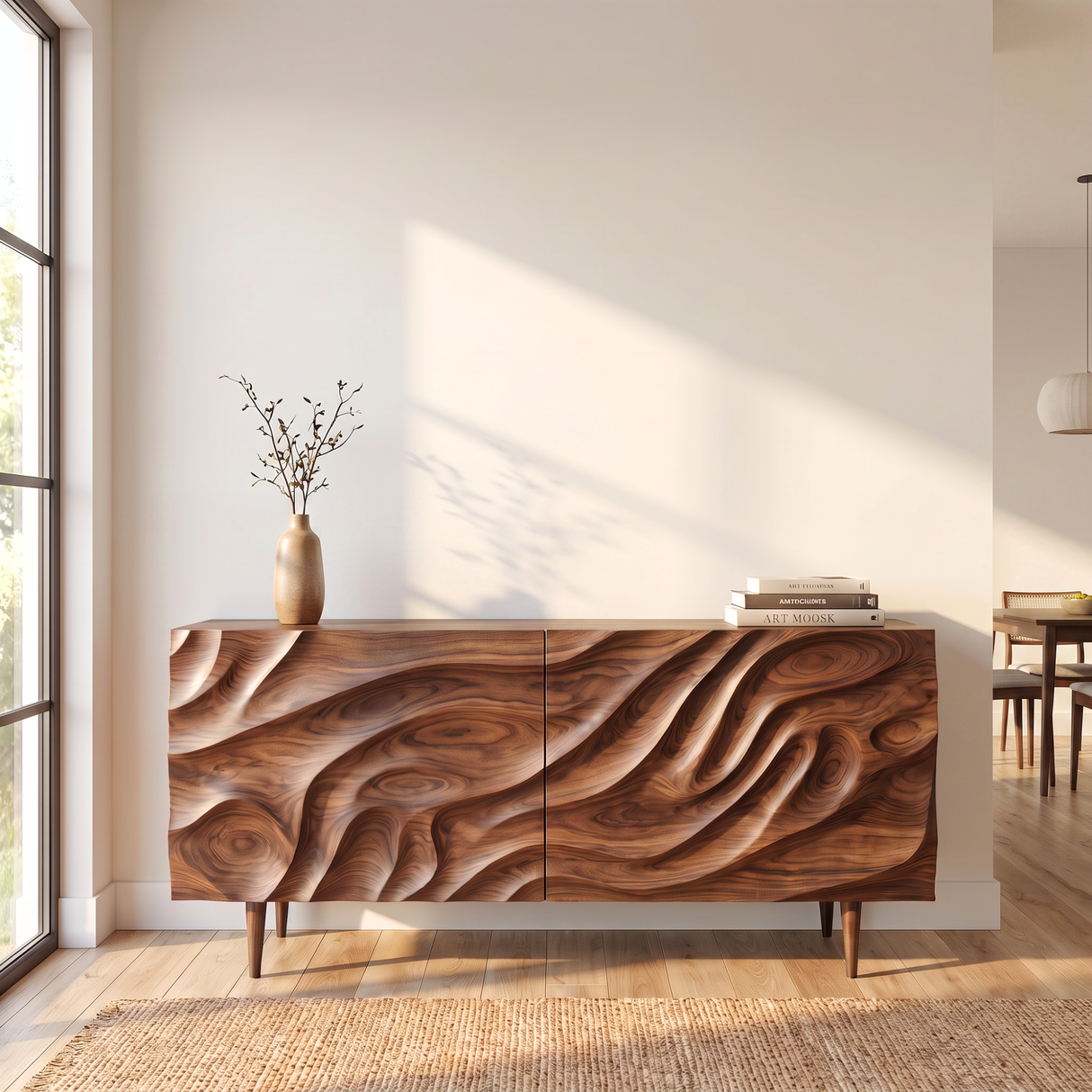 Sideboard Cabinet with Carved Wave Front for Modern Living and Dining Rooms