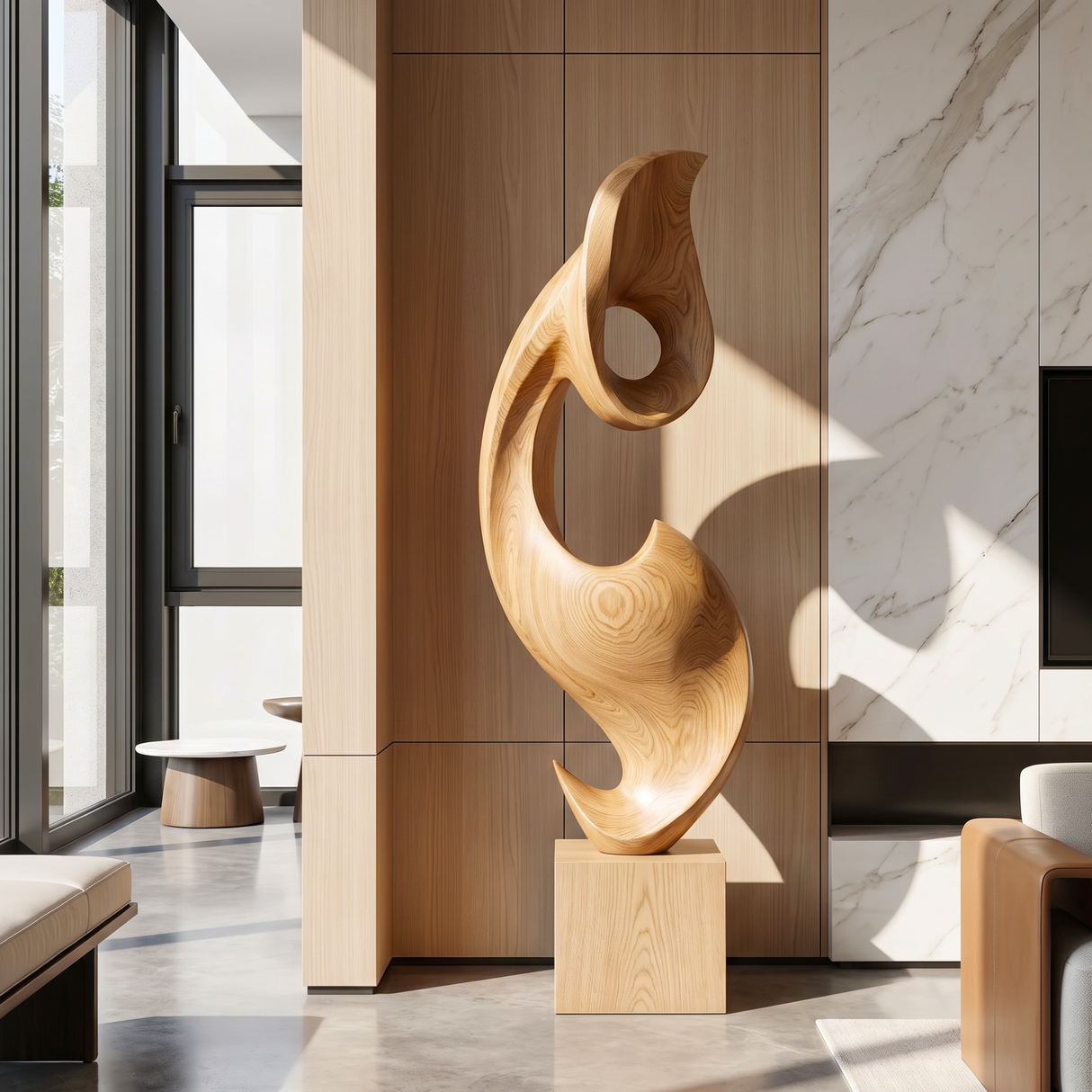 Tall Solid Wood Abstract Floor Sculpture with Plinth for Modern Interiors