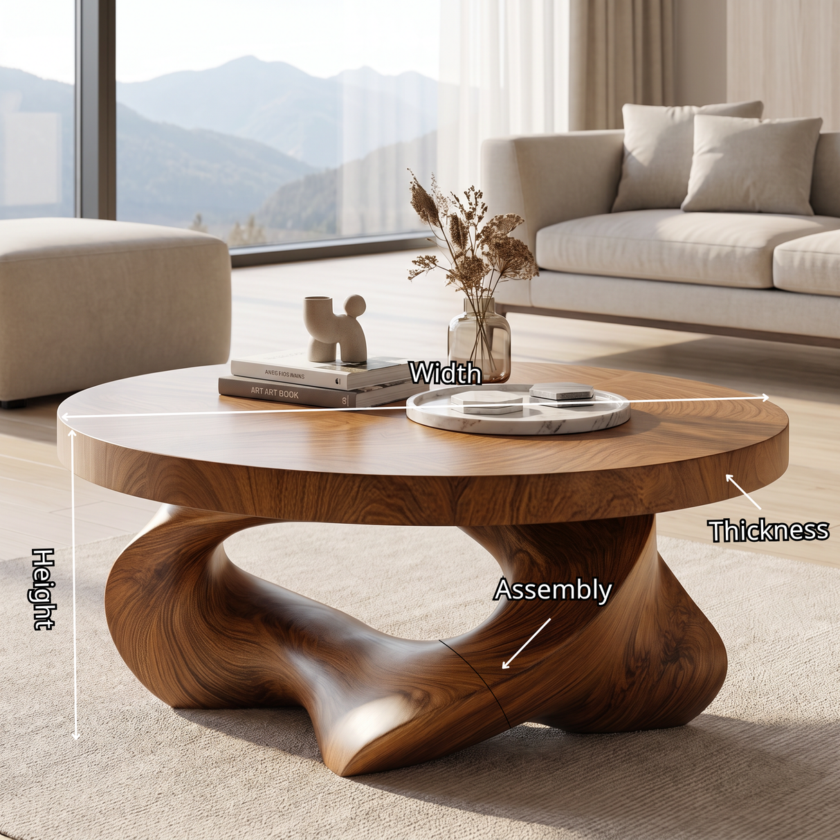 Coffee Table Solid Wood with Sculptural Open Triangular Base