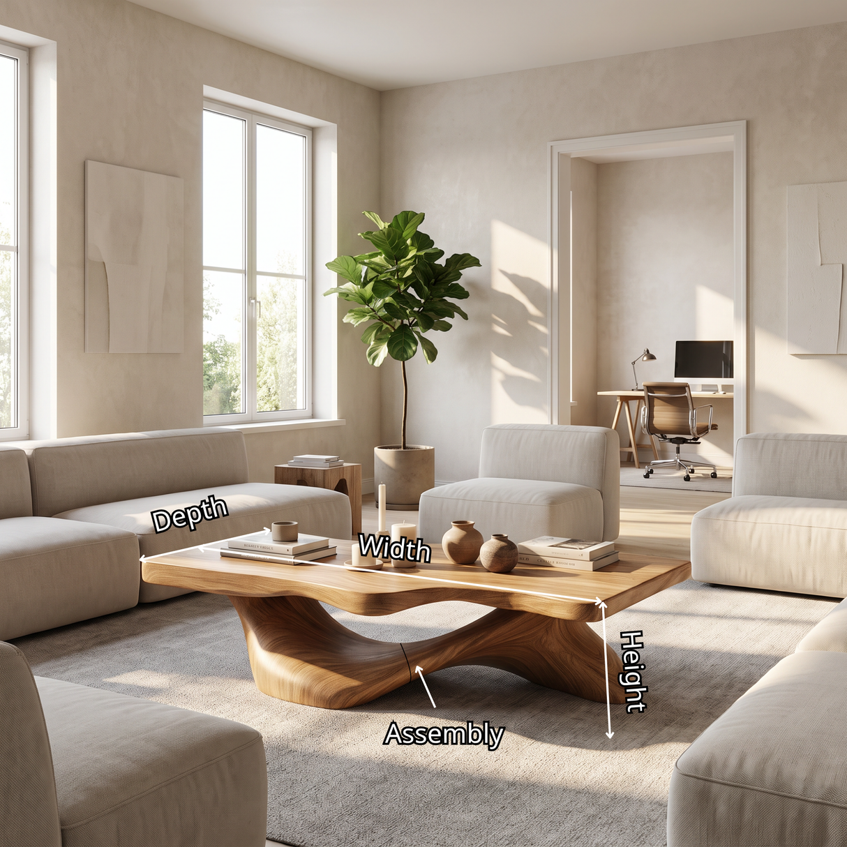 Coffee Table Solid Wood with Sculptural Open Arch Base for Living Room