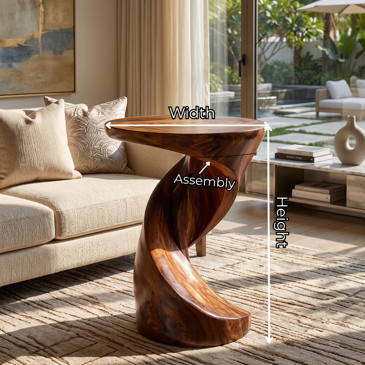 End Table Solid Wood with Sculptural Twisted Loop Base for Living Room