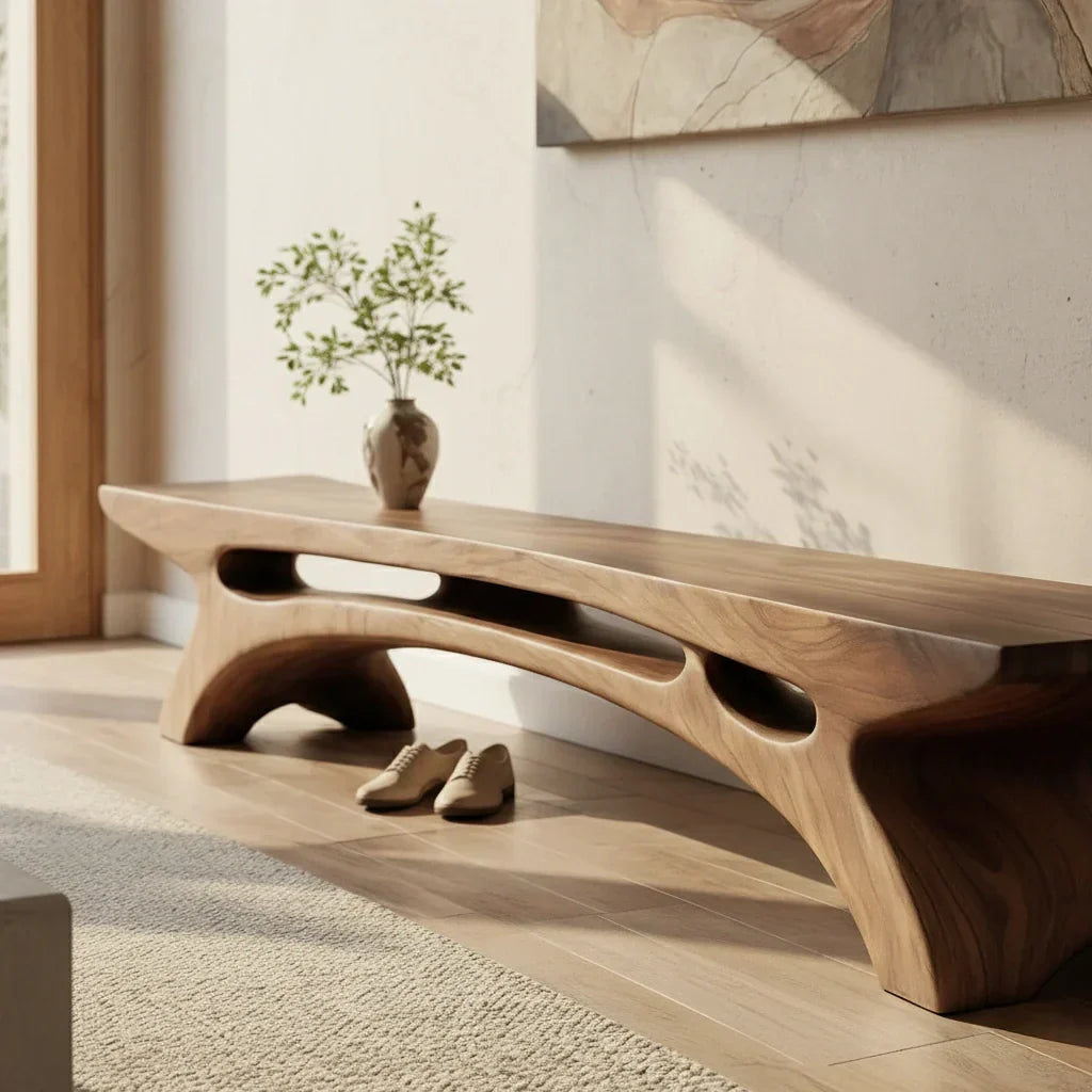 Long Solid Wood Entryway Bench with Carved Arch Base for Modern Homes