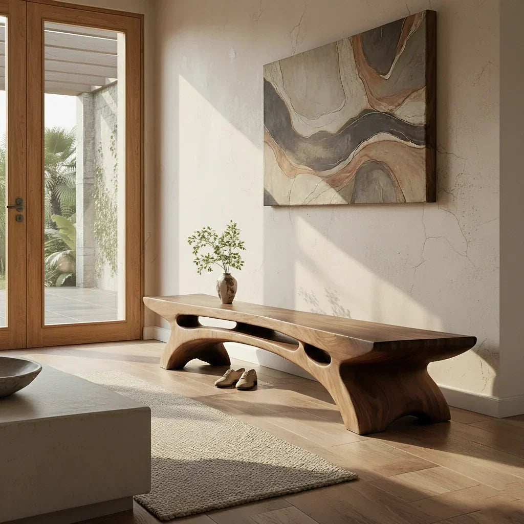 Long Solid Wood Entryway Bench with Carved Arch Base for Modern Homes