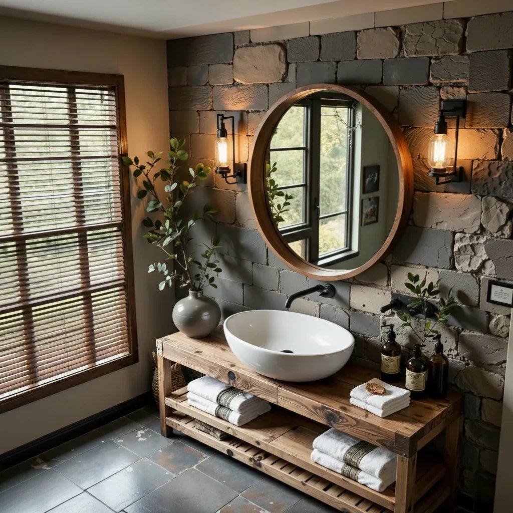 Rustic Solid Wood Bathroom Vanity with Open Slatted Shelf