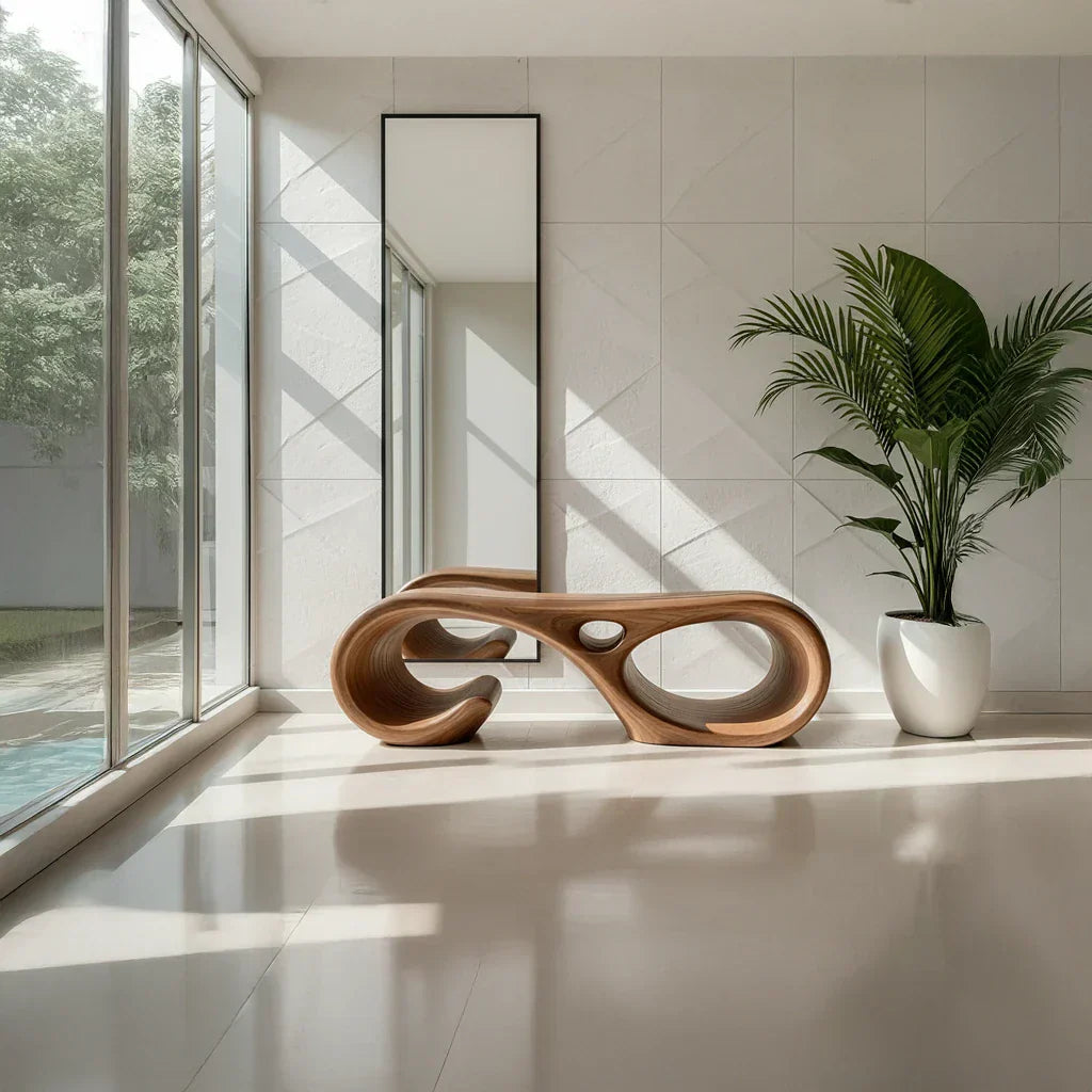 Sculptural Solid Wood Bench with Loop Form for Modern Entryways