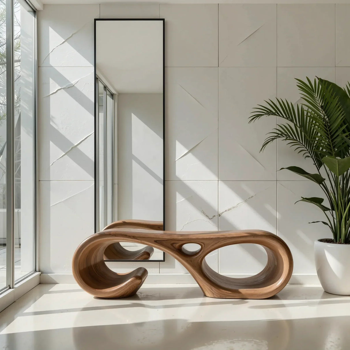 Sculptural Solid Wood Bench with Loop Form for Modern Entryways