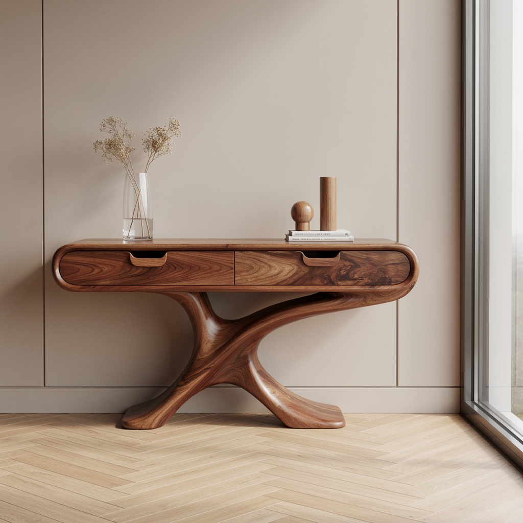 Handcrafted Live Edge Solid Wood Console Table with Sculptural Base