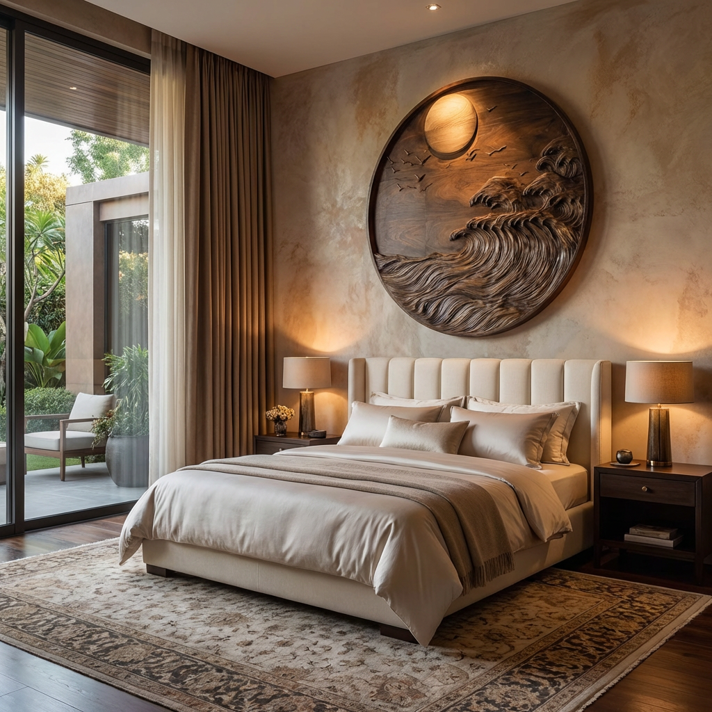 Handcrafted Solid Wood Wall Sculpture with Ocean Wave Relief and Circular Moon Design