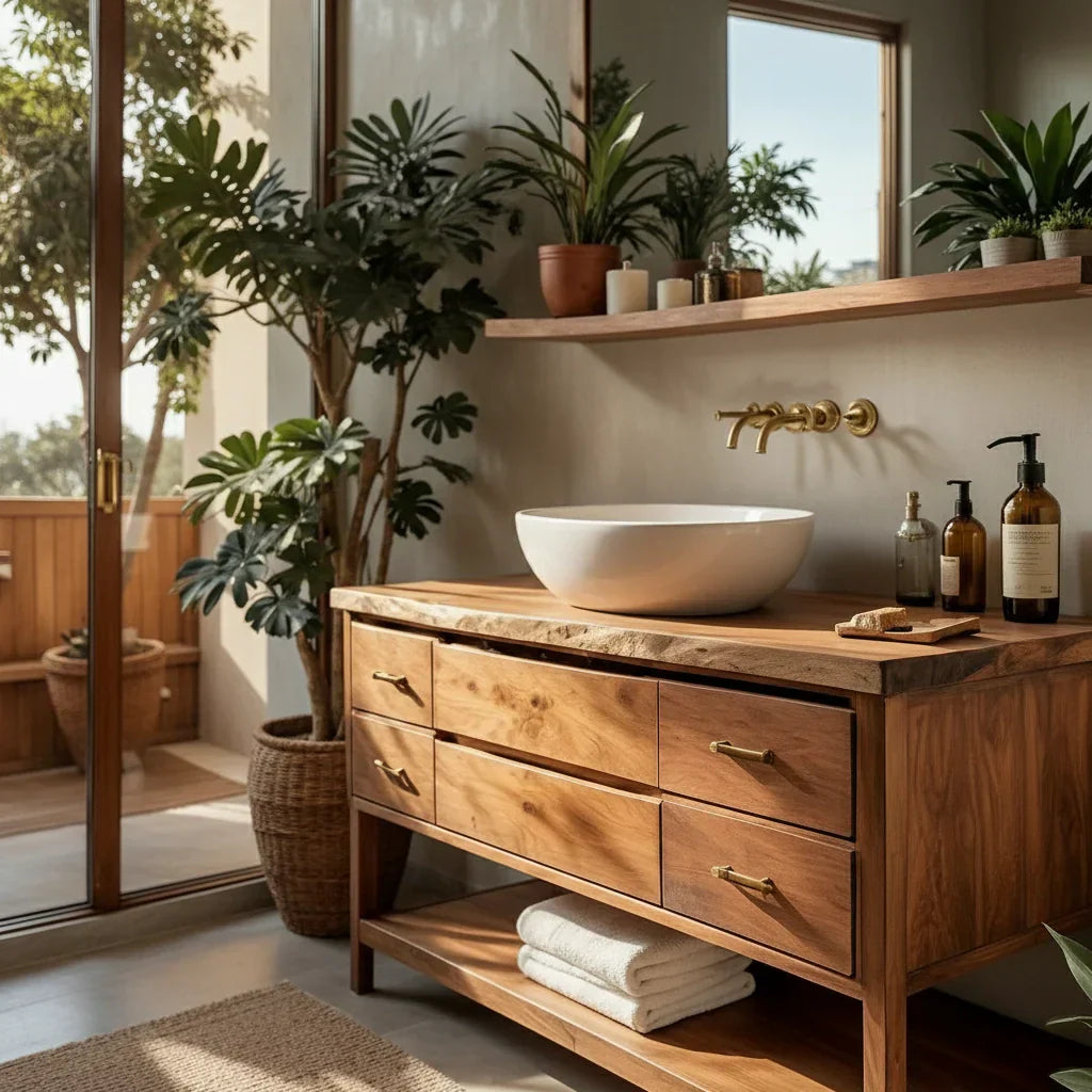Solid Wood Bathroom Vanity with Drawers and Open Shelf for Japandi Bath