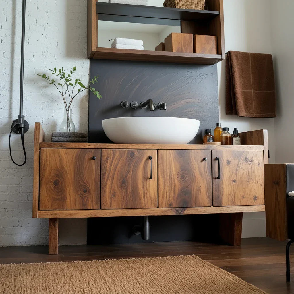 Solid Wood Vanity Cabinet with Four Doors for Industrial-Style Baths