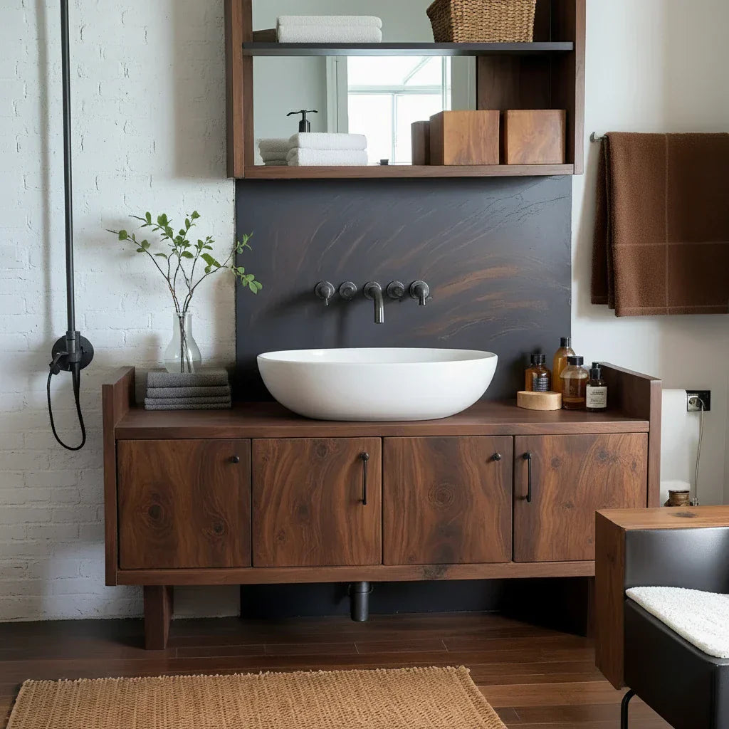 Solid Wood Vanity Cabinet with Four Doors for Industrial-Style Baths