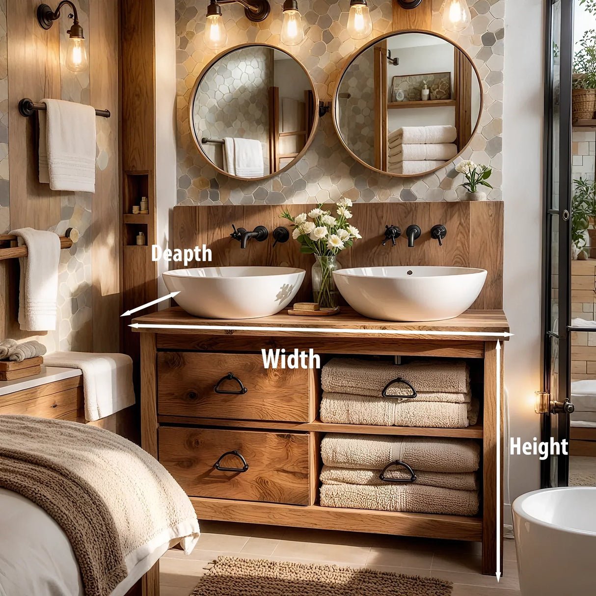 Double Solid Wood Bathroom Vanity with Drawers and Open Towel Shelf