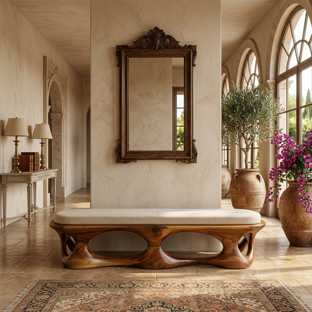 Solid Wood Sculptural Bench with Open Carved Base for Entryway