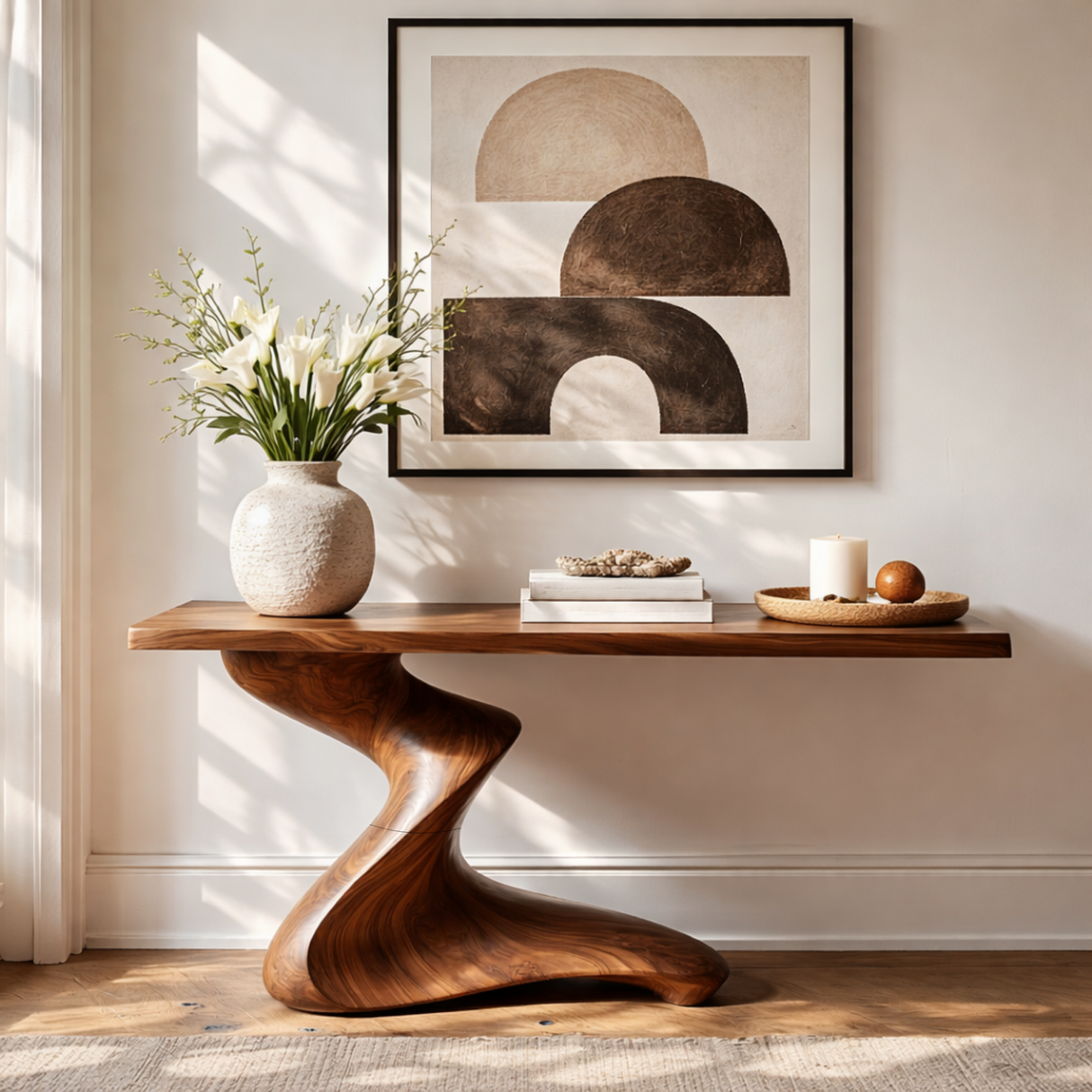 Low Spiral Sculptural Solid Wood Console Table with Grounded Sweep Base