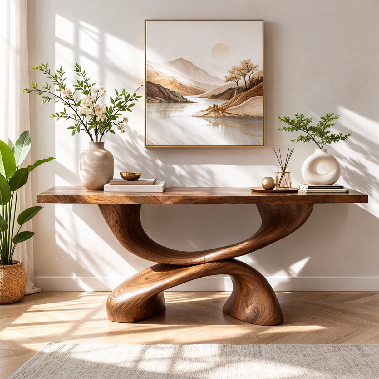 Double Curve Sculptural Solid Wood Console Table with Intertwined Organic Base