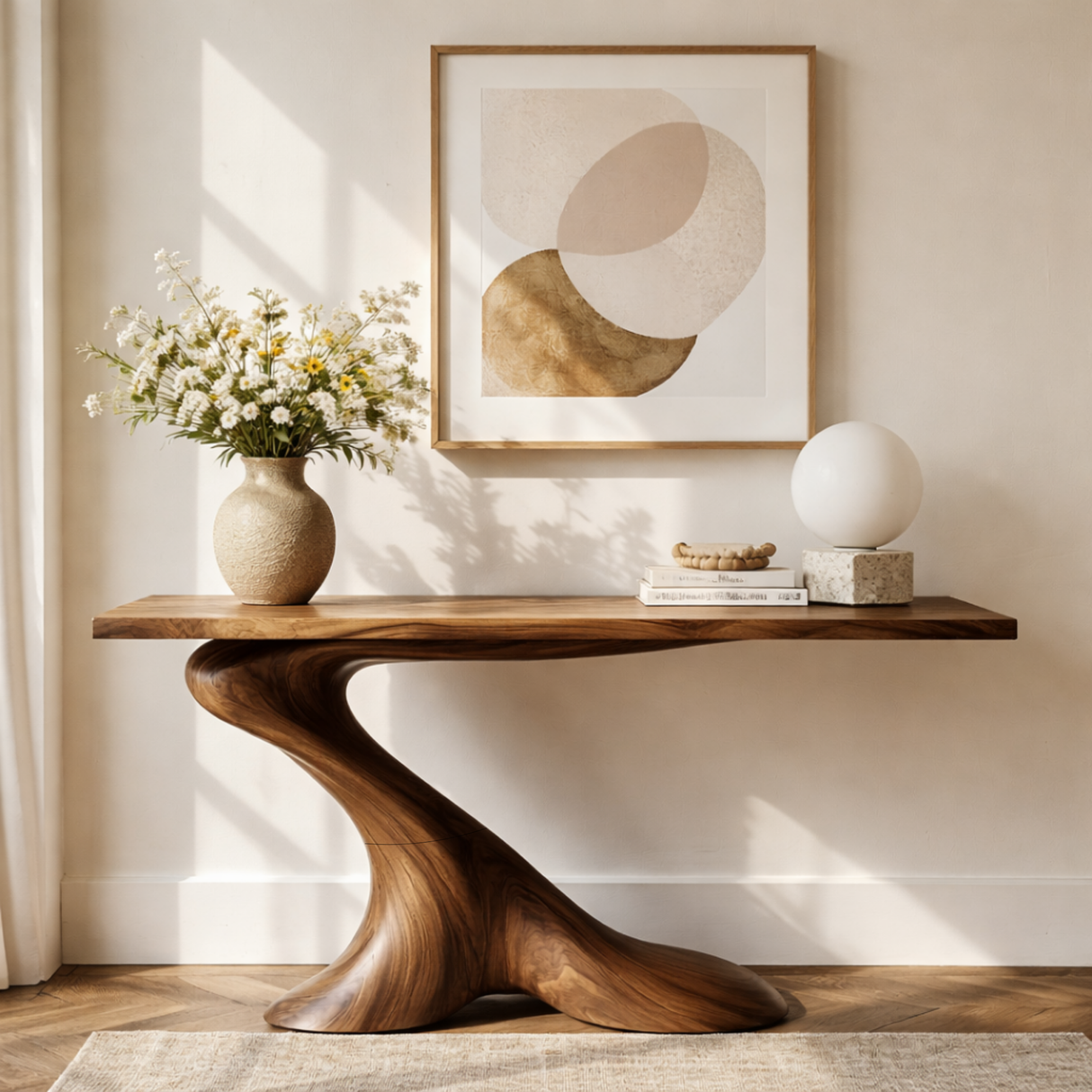 Lean Flow Sculptural Solid Wood Console Table with Sloped Monobase