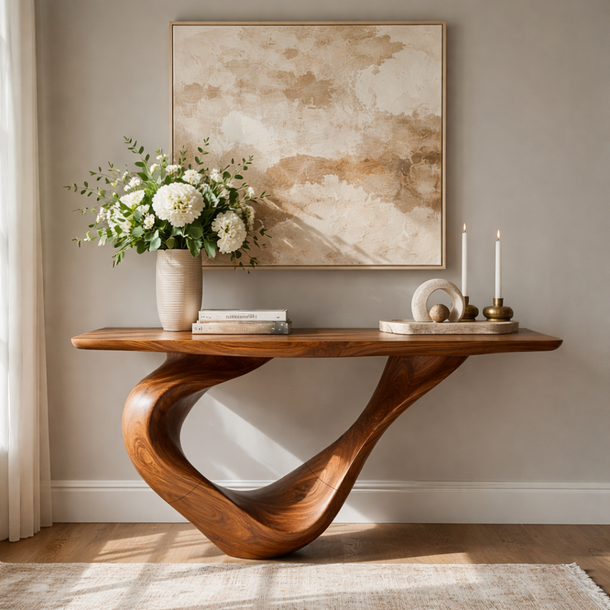 Sculptural Solid Wood Console Table with Ribbon Curve Base
