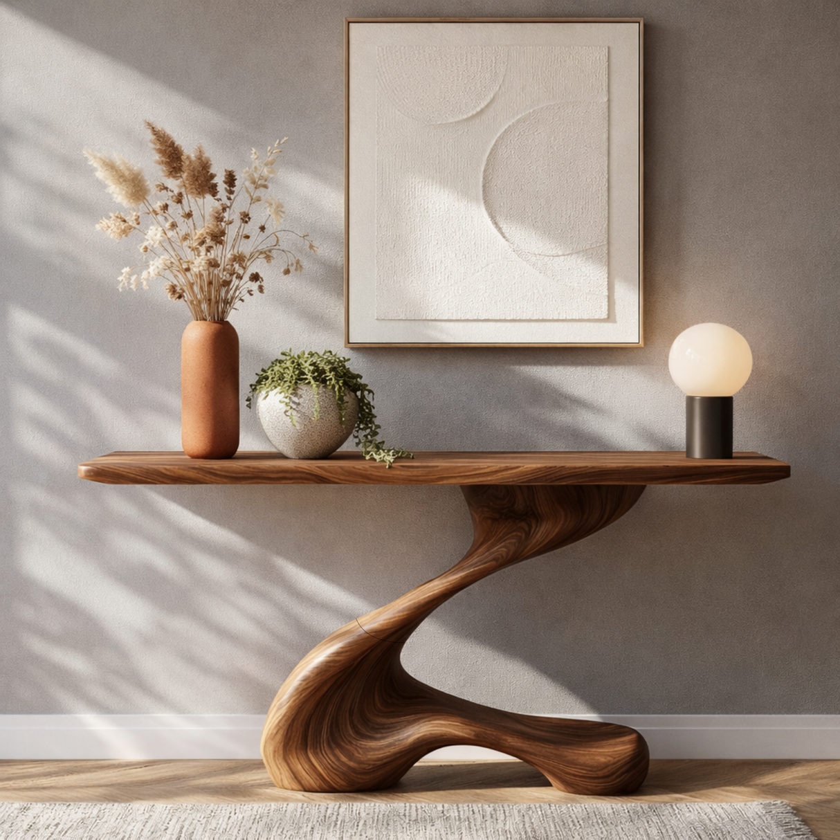 Single Sweep Sculptural Solid Wood Console Table with S Curve Organic Base