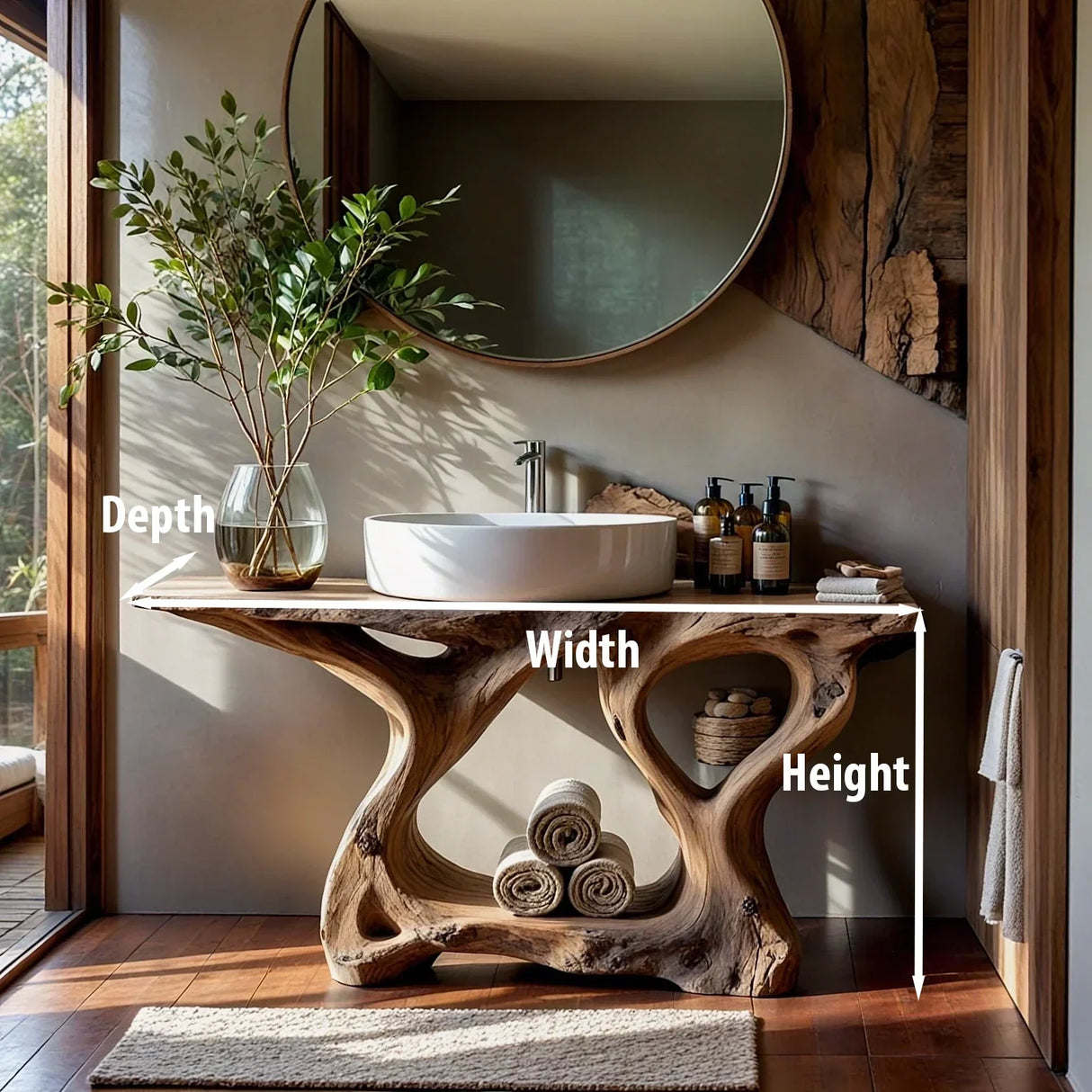 Live Edge Wood Bathroom Vanity with Root-Style Base