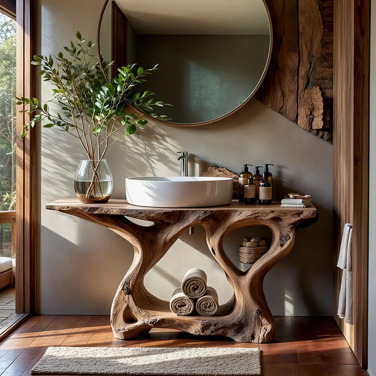 Live Edge Wood Bathroom Vanity with Root-Style Base