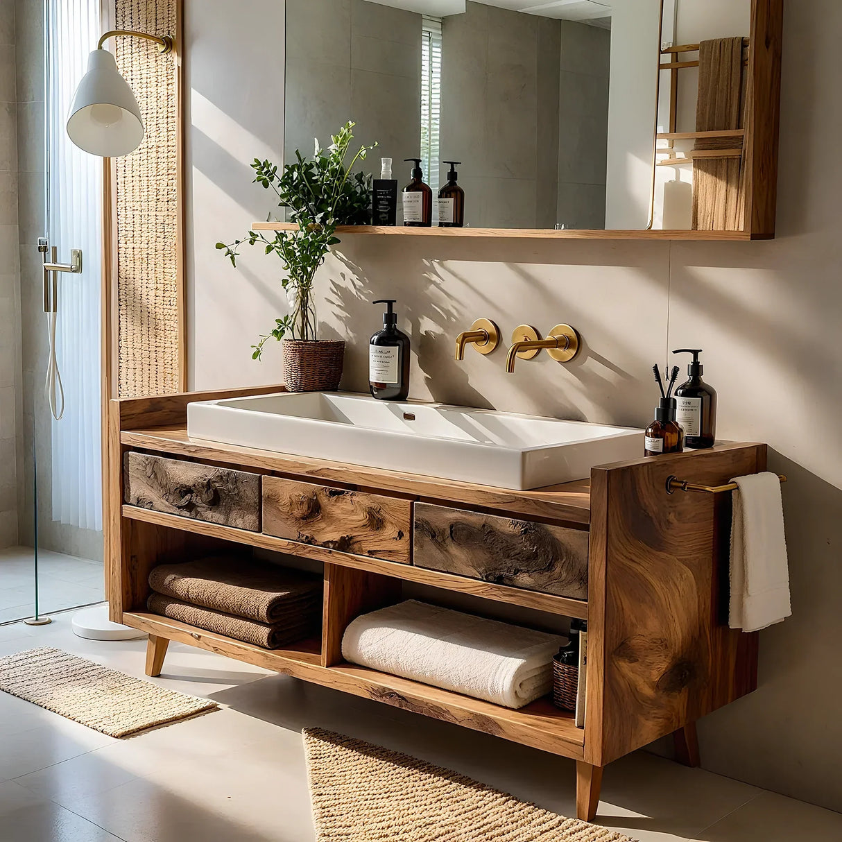 Solid Wood Bathroom Vanity with Floating Drawer Fronts for a Modern Spa