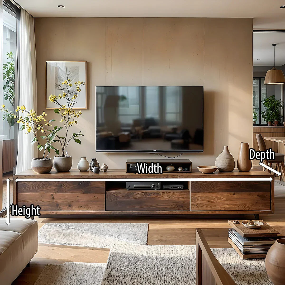 Low Wood Media Cabinet with Center Bay for Japandi Interiors