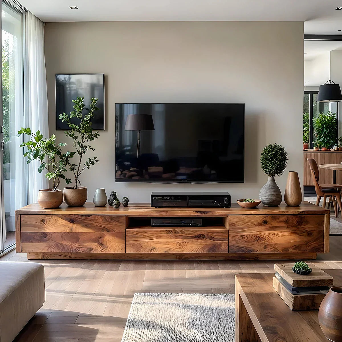 Natural Wood TV Console with Flowing Grain for Modern Living Rooms