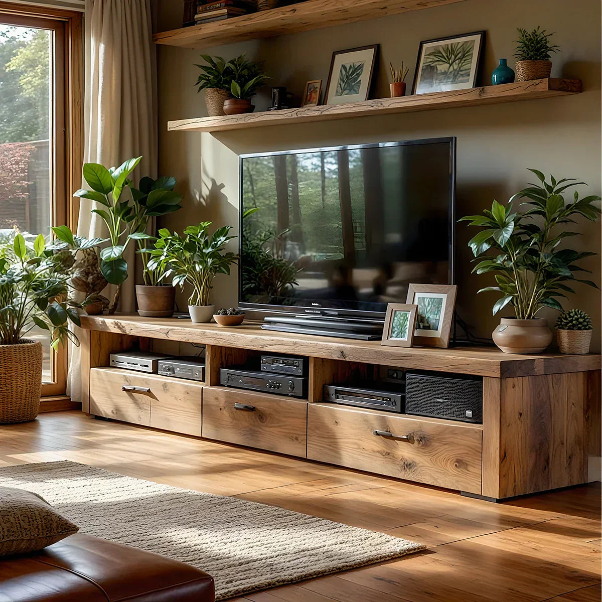 Natural Wood TV Cabinet with Long Top, Open Bays & Drawers