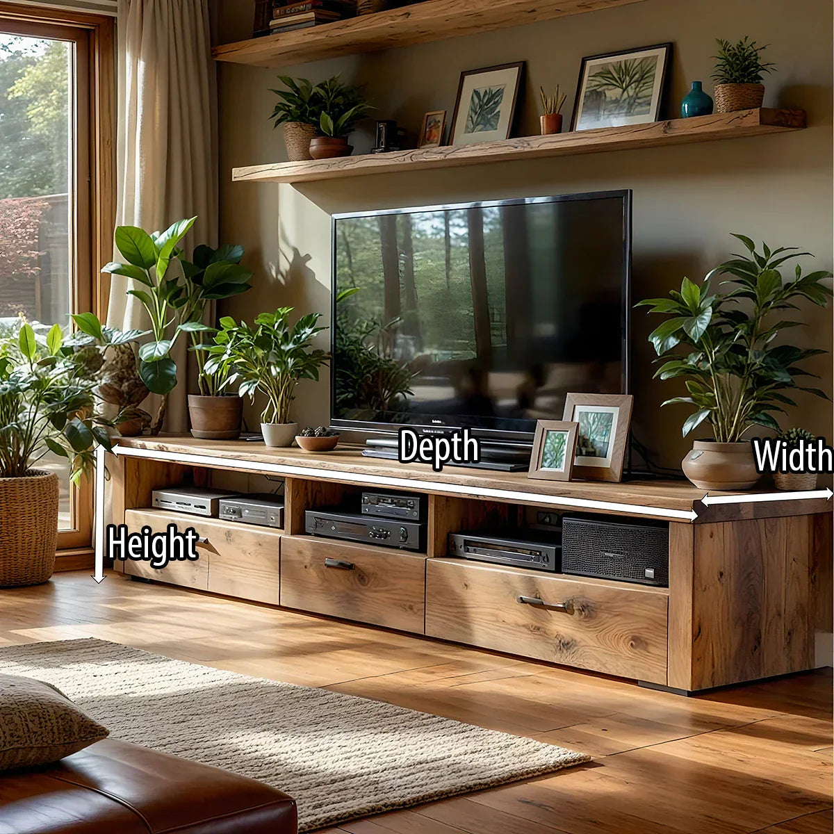 Natural Wood TV Cabinet with Long Top, Open Bays & Drawers