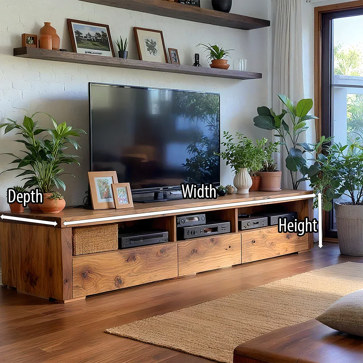 Wood Media Console with Bold-Grain Drawers and Open Media Bays