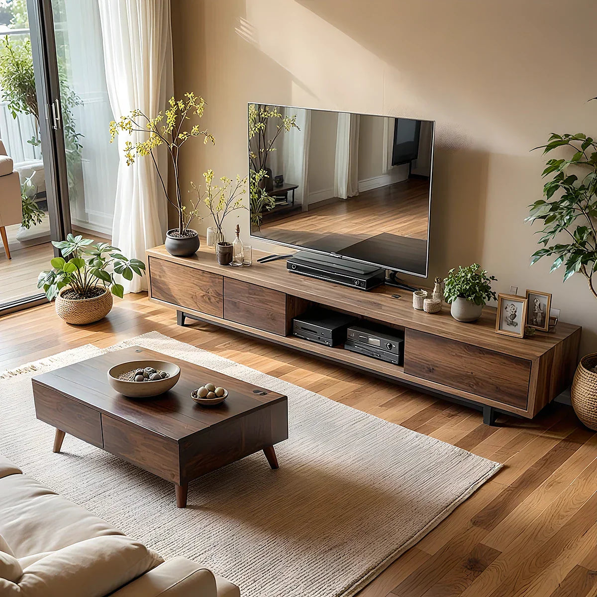 Natural Wood Low TV Console with Closed Storage & Open Center Bay