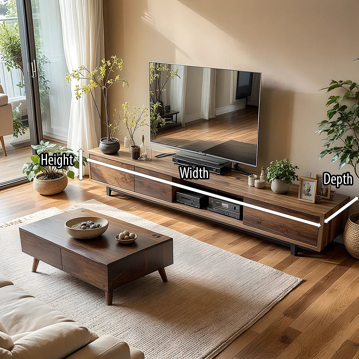 Natural Wood Low TV Console with Closed Storage & Open Center Bay