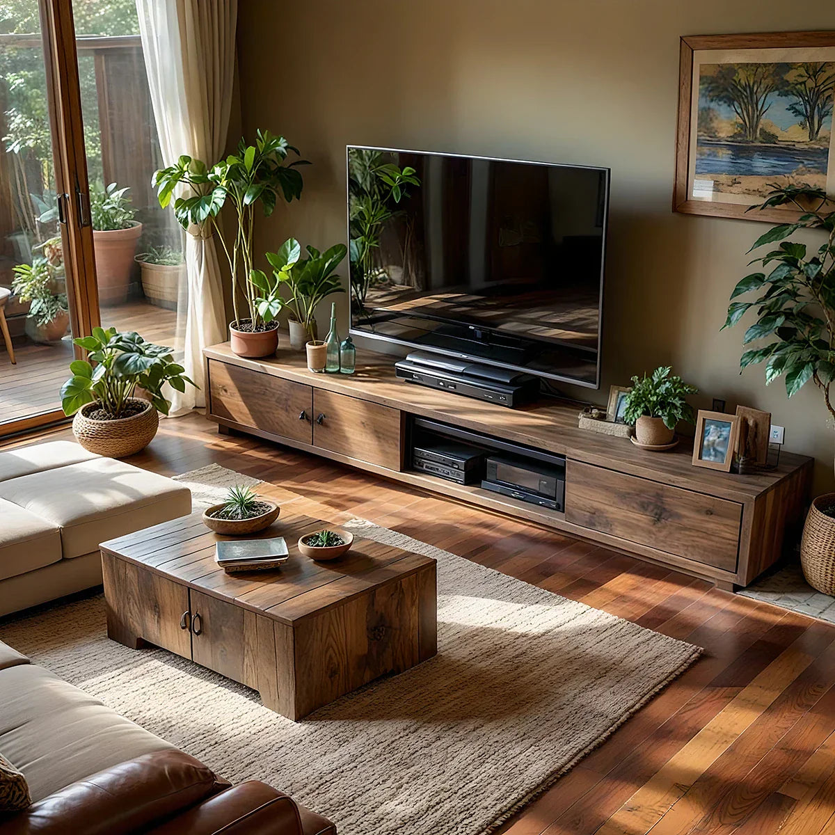 Wood TV Stand with Mixed Storage for Organic Modern Living