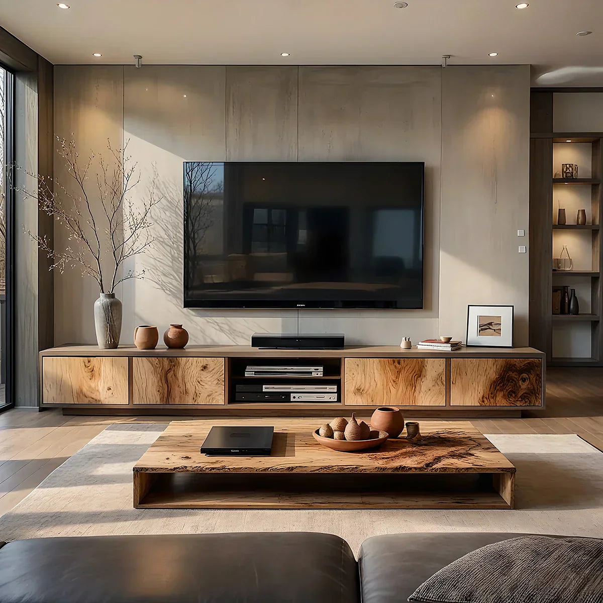 Natural Wood Media Console with Patchwork Grain Panel Front