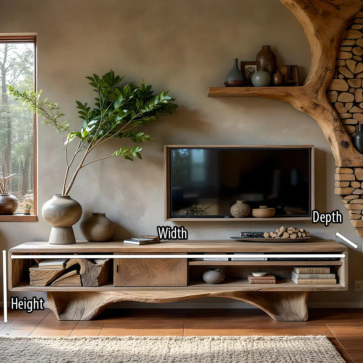 Sculptural Live-Edge Style Media Console with Organic Base