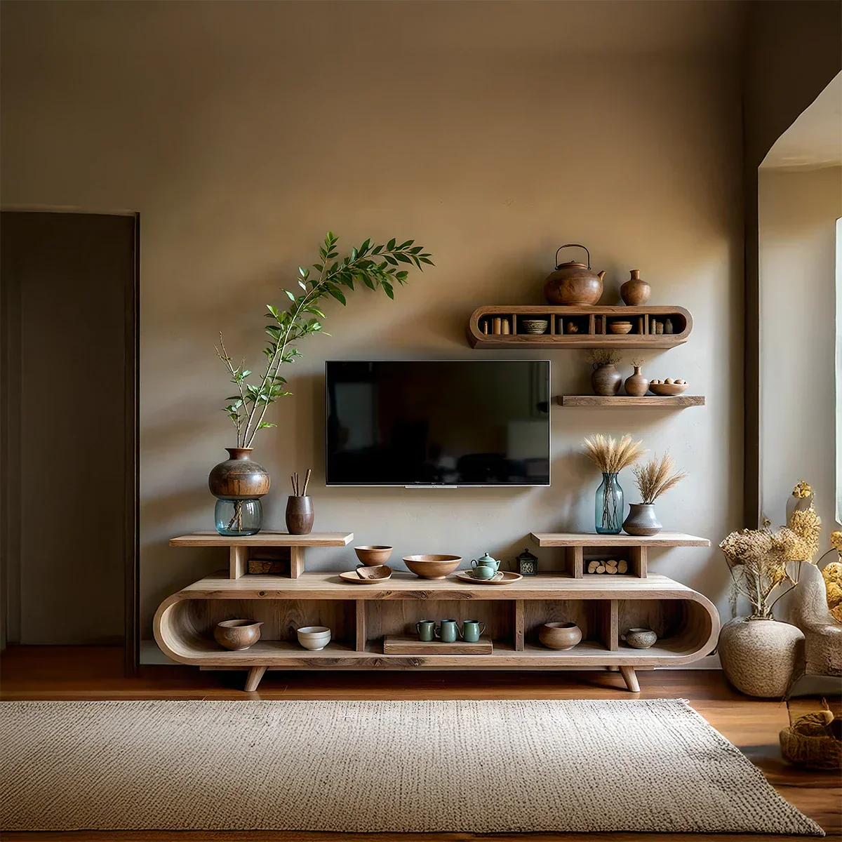 Curved-Edge Low Media Console with Open Display Compartments