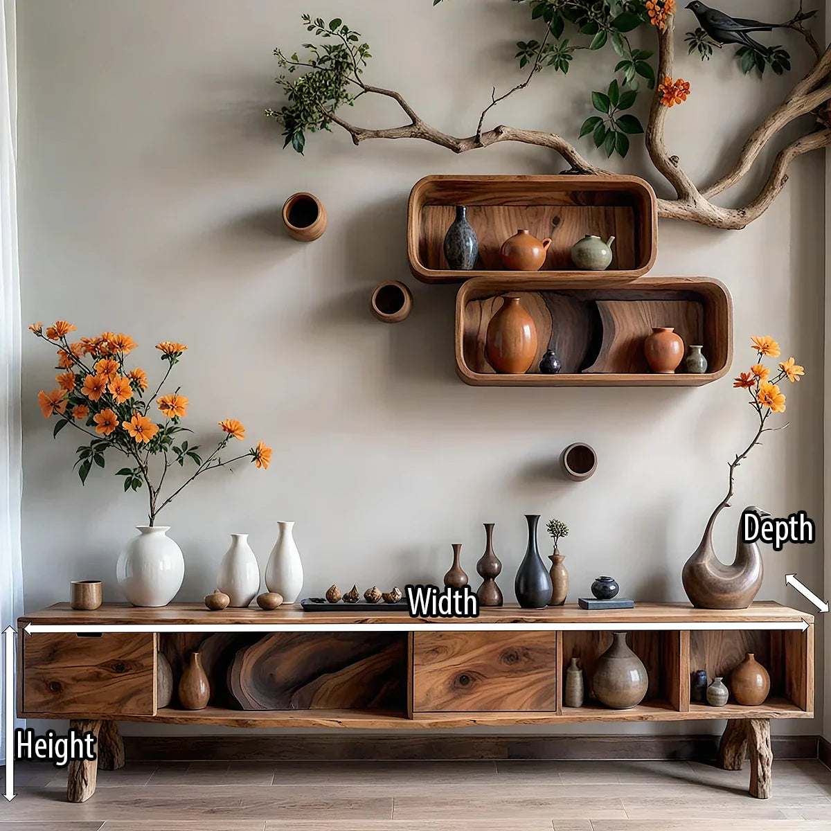 Organic Modern Low Media Console with Open Storage Compartments