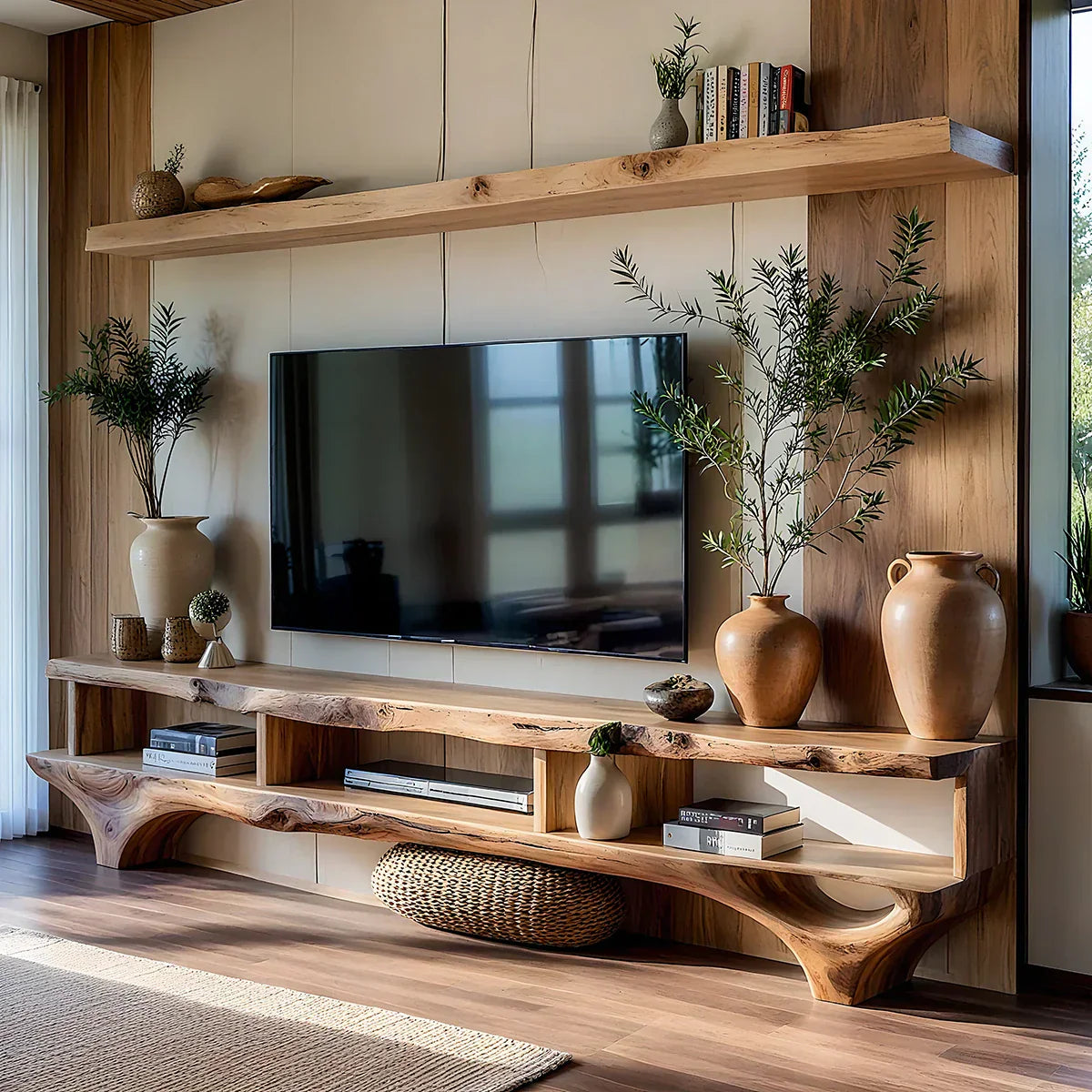 Live-Edge Style TV Console Wall-Mounted Shelf Media Wall Set