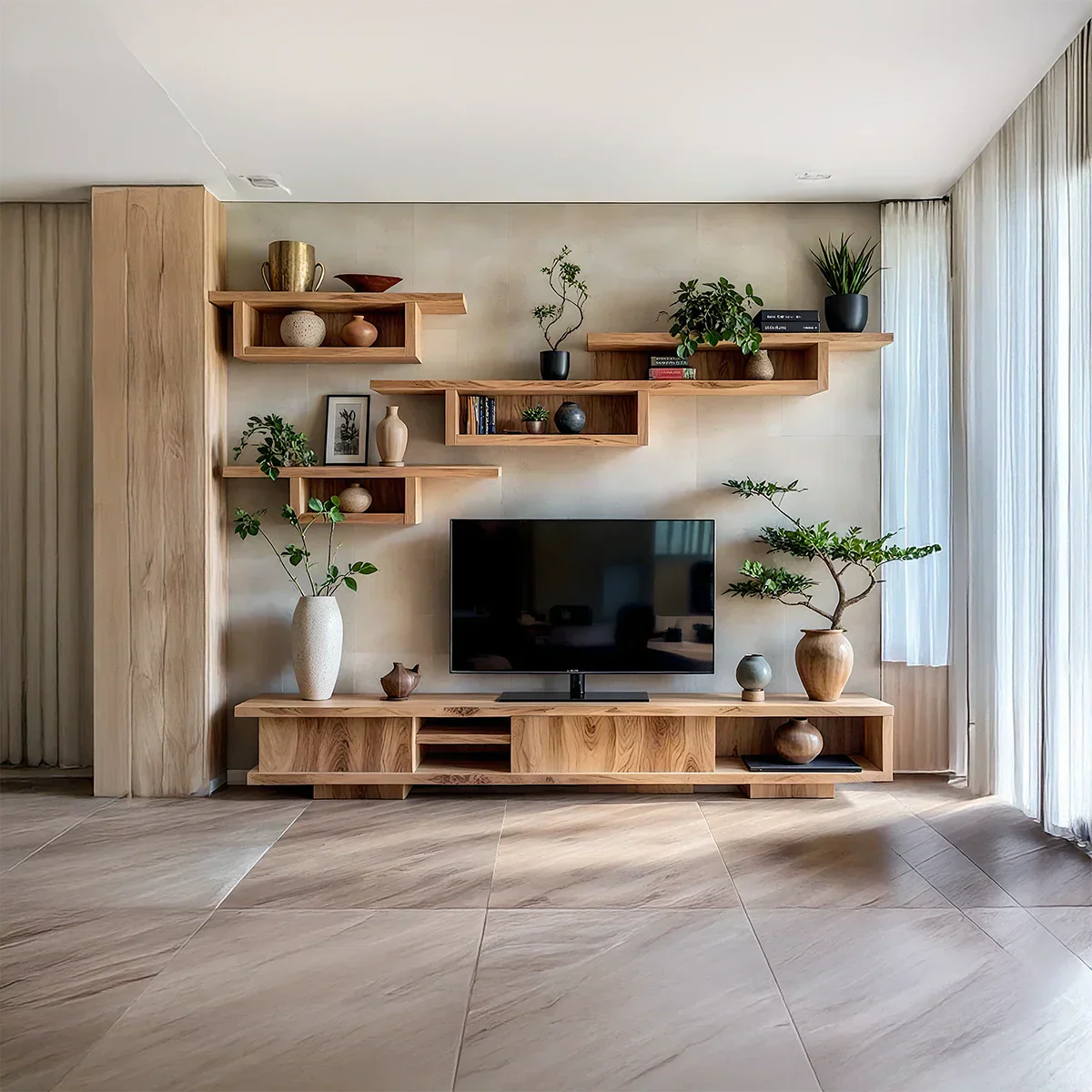 Wood TV Console and Modular Floating Shelves Set for Media Wall