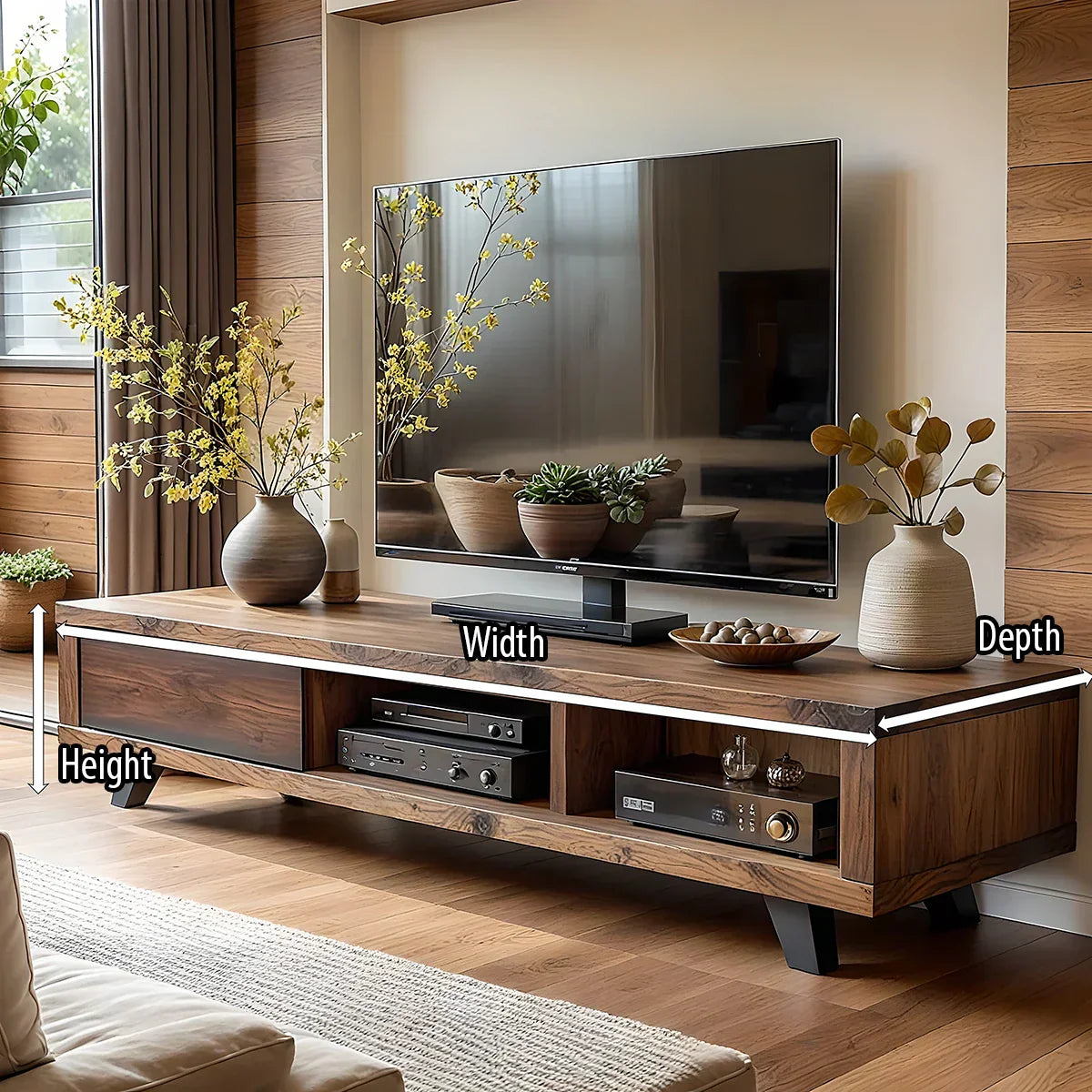Modern Wood TV Console with Open Bays for Media Storage