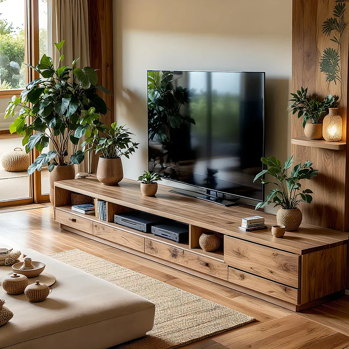 Solid Wood TV Wall Unit with Drawers for Organic Living Room