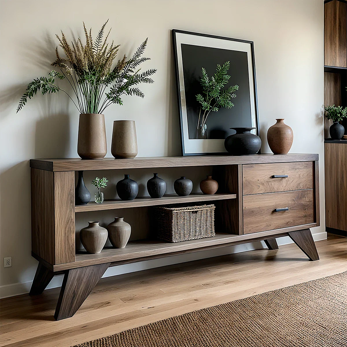 Solid Wood Sideboard with Open Shelves and Storage Drawers