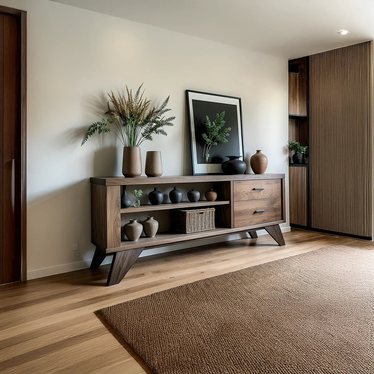 Solid Wood Sideboard with Open Shelves and Storage Drawers
