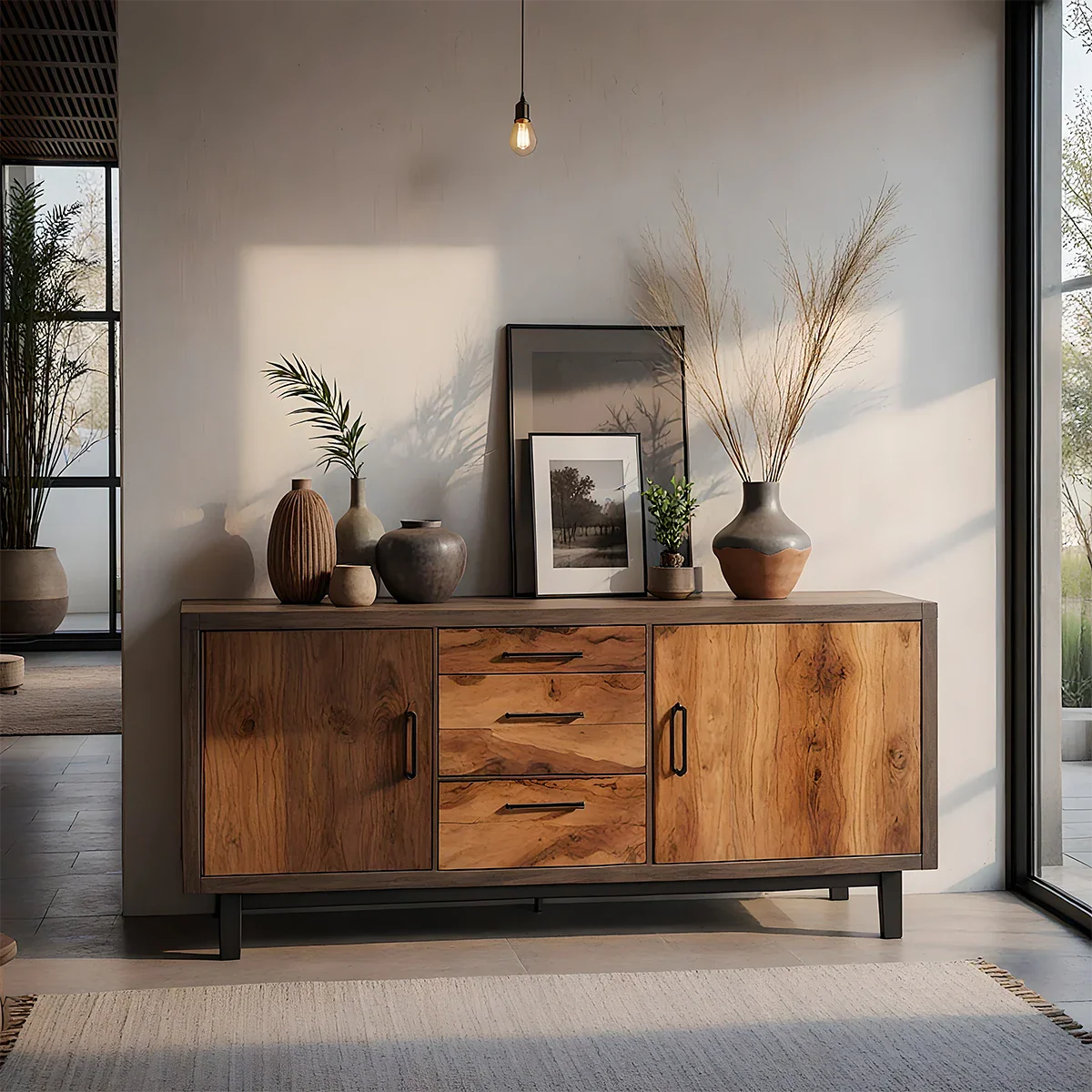 Solid Wood Storage Cabinet with Mixed Drawers and Modern Rustic Style