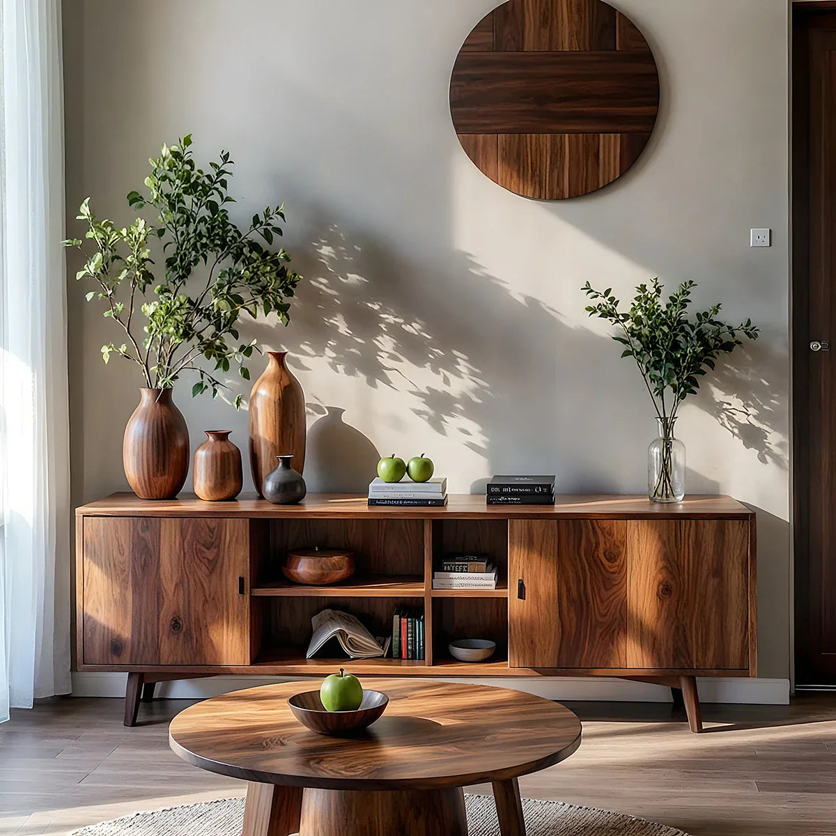 Solid Wood Sideboard Cabinet with Open Shelving for Organic Modern Homes