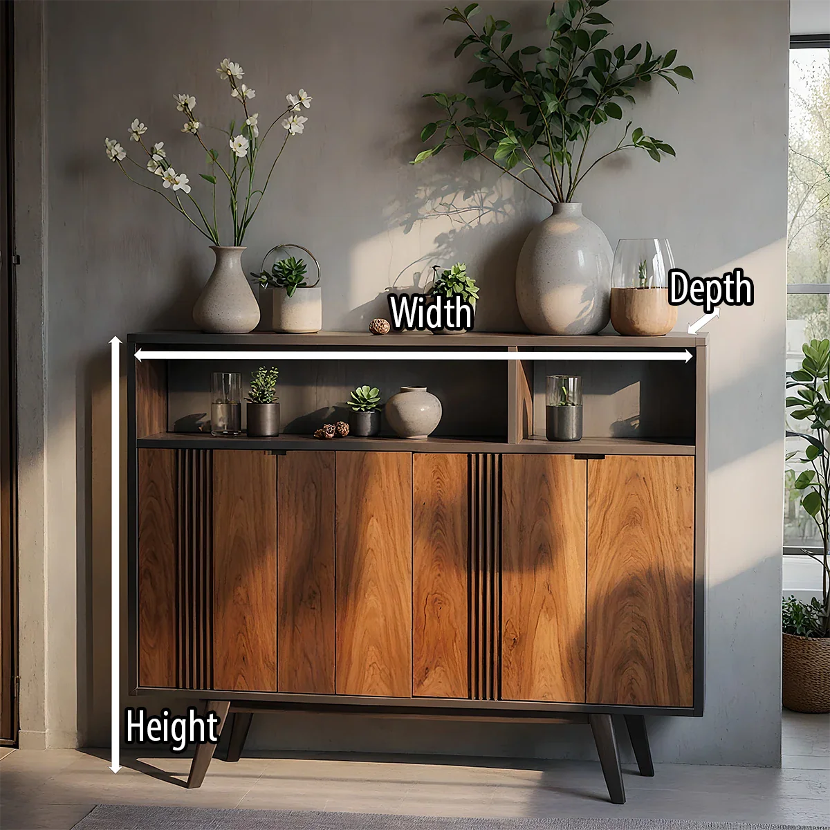 Solid Wood Sideboard Cabinet with Slatted Doors and Modern Storage