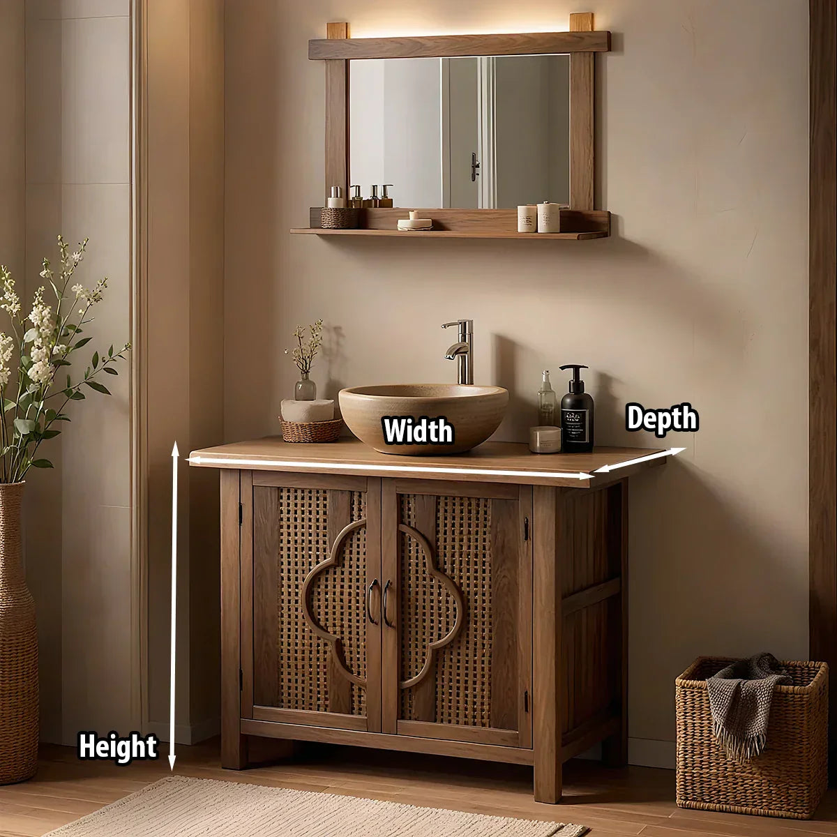 Natural Wood Bathroom Vanity with Woven Doors for Zen-Inspired Bathrooms