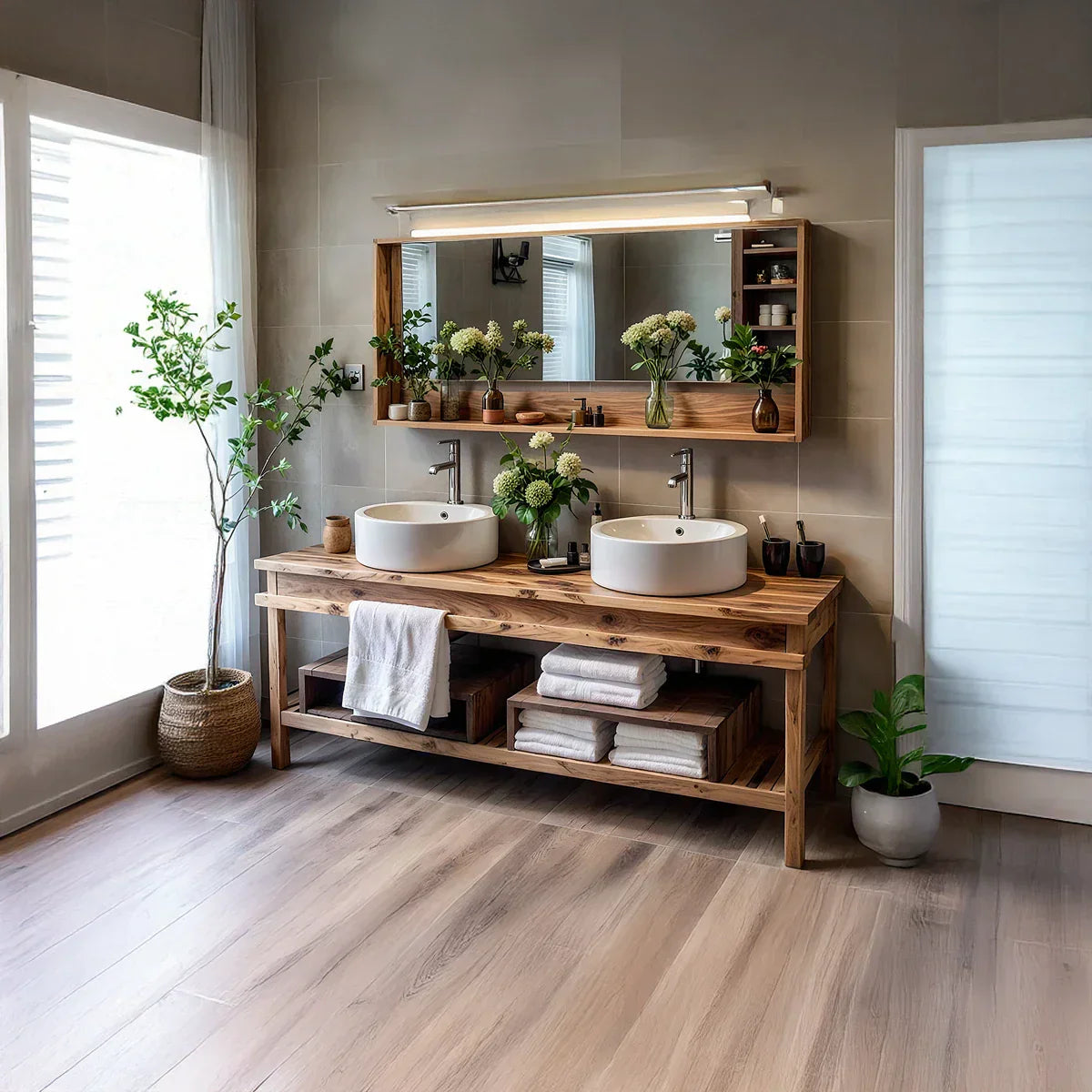 Solid Wood Bathroom Vanity with Open Shelf Storage