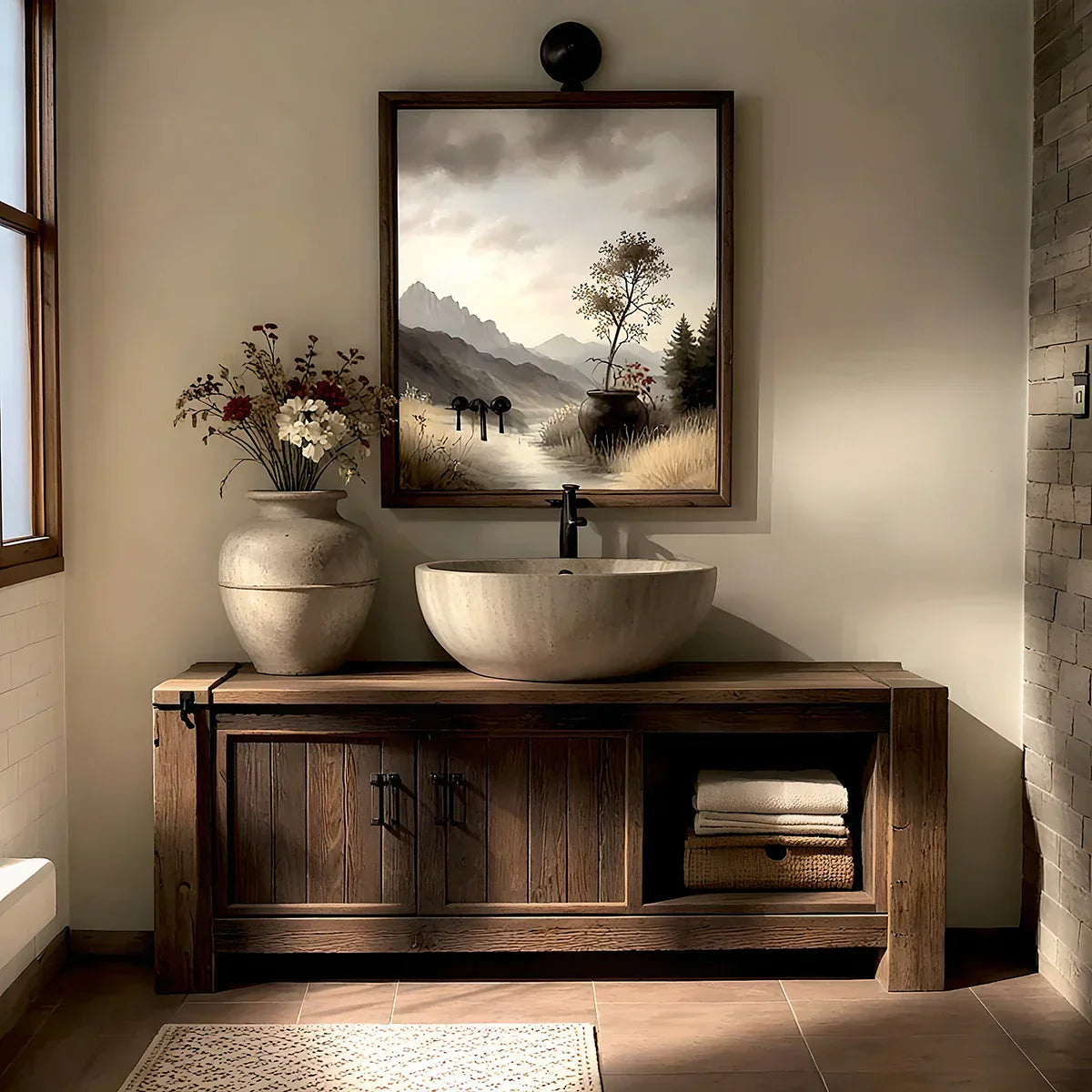 Solid Wood Bathroom Vanity and Open Storage