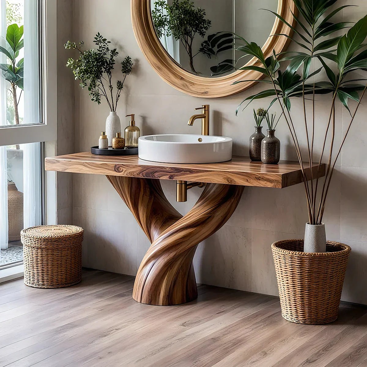 Solid Wood Bathroom Vanity with Sculpted Twisted Pedestal